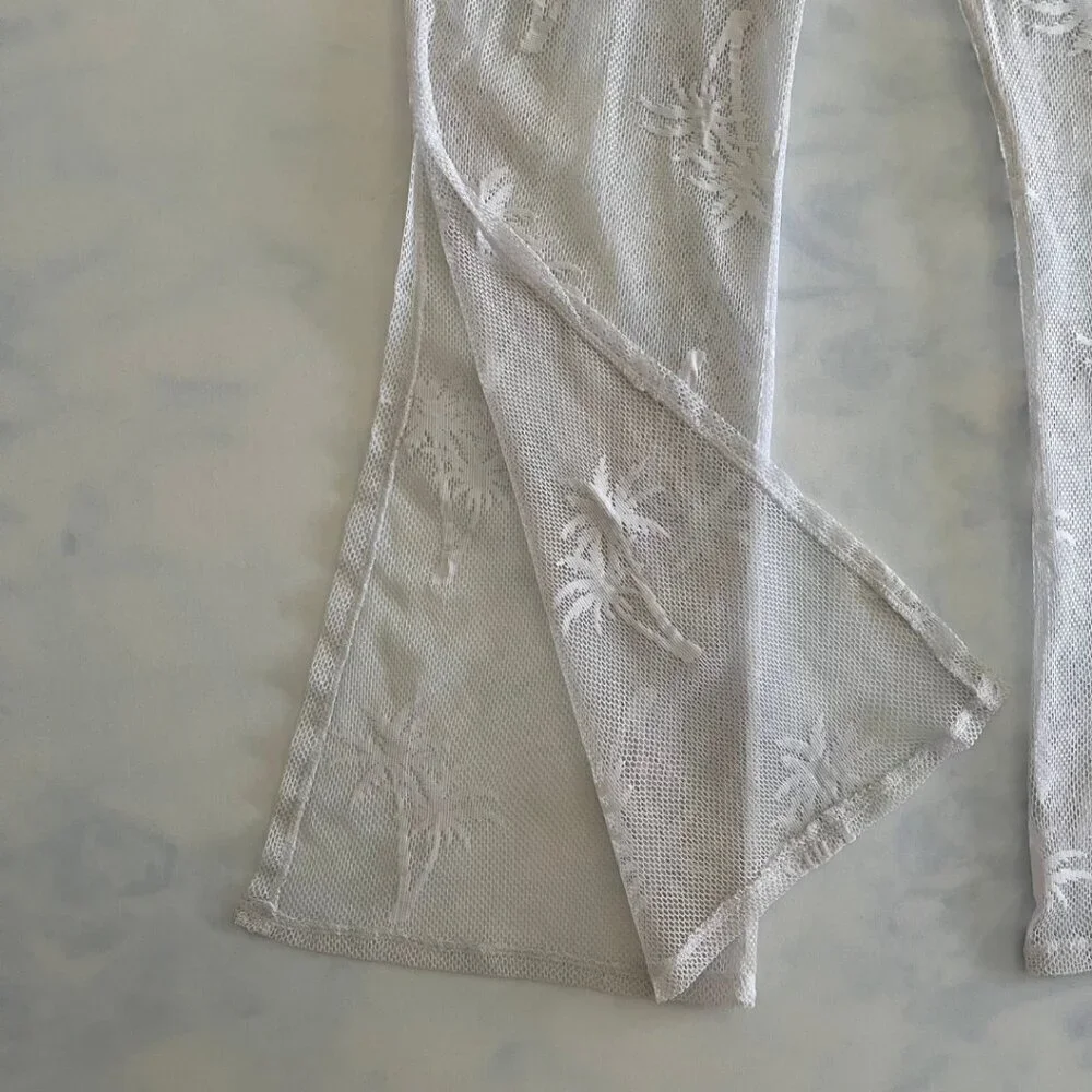 Miken Swim White Mesh Palm Tree Drawstring Coverup Pants - Picture 3 of 6